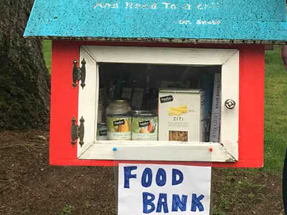 Little Free Food Pantry kiosk at Bloomfield Public Library